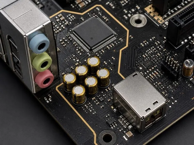 Real hardware teardown of motherboard audio corner with codec hardware exposed with coloured 3.5 mm jack stack, audio codec IC, audio capacitors, isolated audio trace, EMI shield
