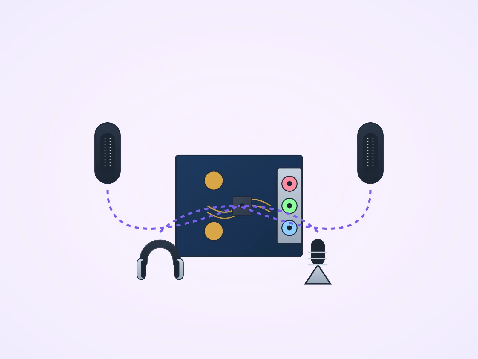 desktop audio setup connected to desktop speakers, over-ear headphones, desk microphone connected back to the jacks