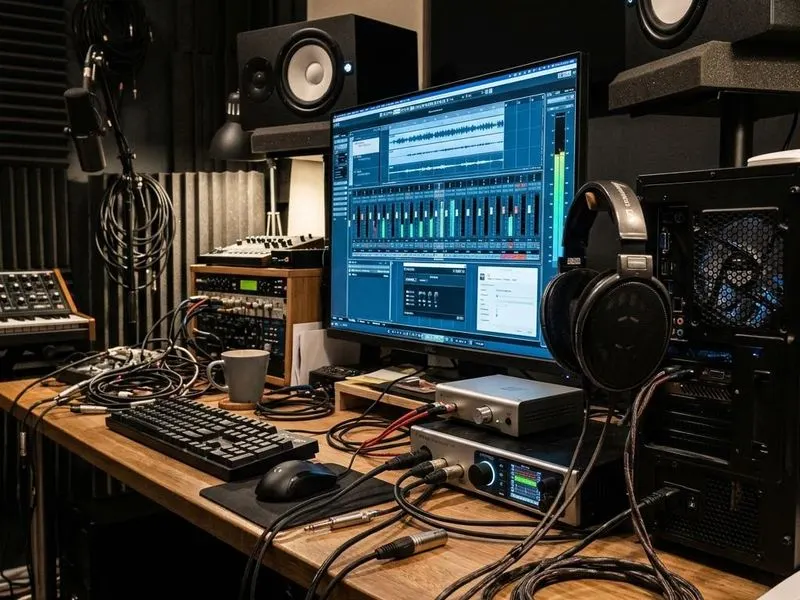 Working computer setup showing audio stack with media app, audio engine, audio driver, codec, speakers/headphones