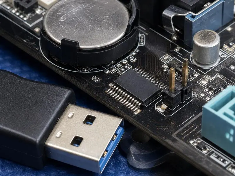 Real hardware teardown of motherboard BIOS firmware area in close-up with 8-pin SOIC flash chip, CMOS coin-cell battery, clear-CMOS jumper, firmware recovery USB drive, motherboard context visible
