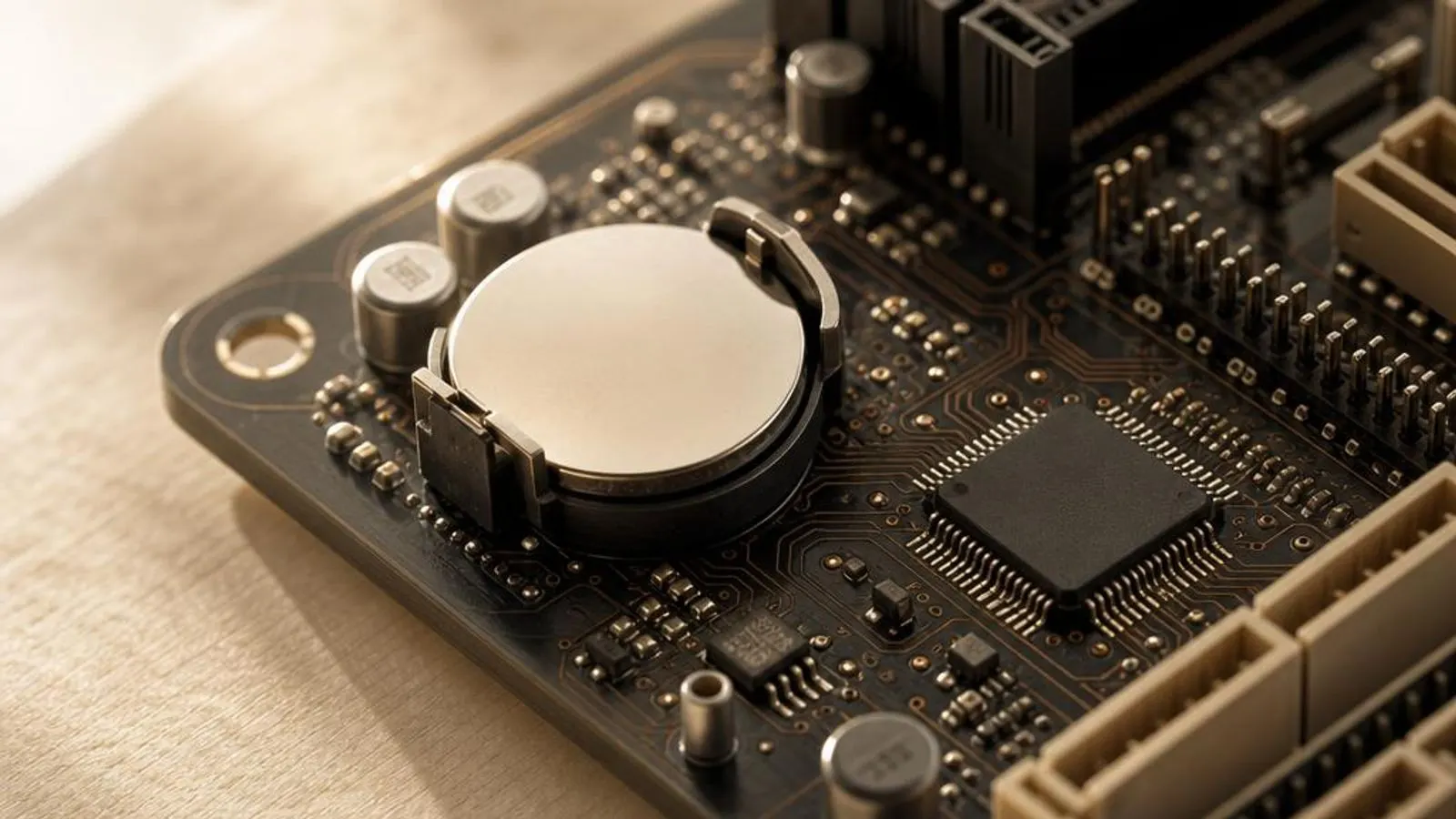 BIOS flash chip on a board (8-pin SOIC) beside the CMOS coin cell shown with socket visible