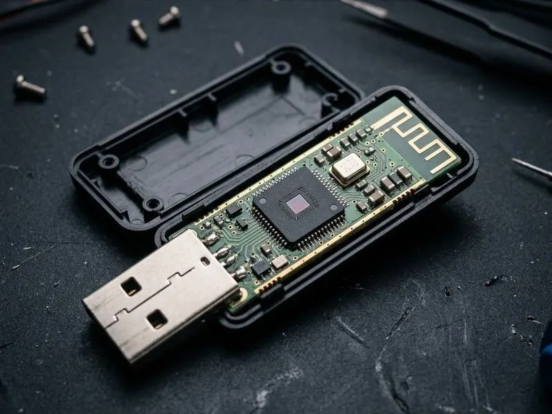 Real hardware teardown of dongle cutaway with Bluetooth SoC, crystal oscillator, chip antenna, USB interface