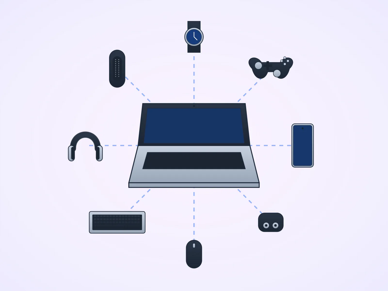 the full paired-device fan radially around a laptop connected to wireless earbuds with charging case, over-ear headphones, smartphone, wireless mouse, wireless keyboard, portable speaker, smartwatch, game controller, dashed blue arcs