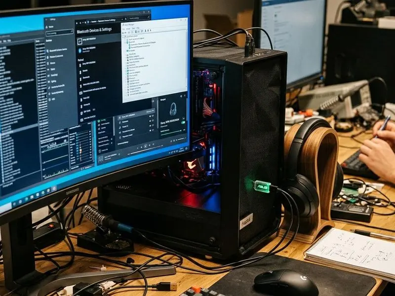 Working computer setup showing Bluetooth stack with audio/input app, Bluetooth stack, Bluetooth driver, radio, paired device