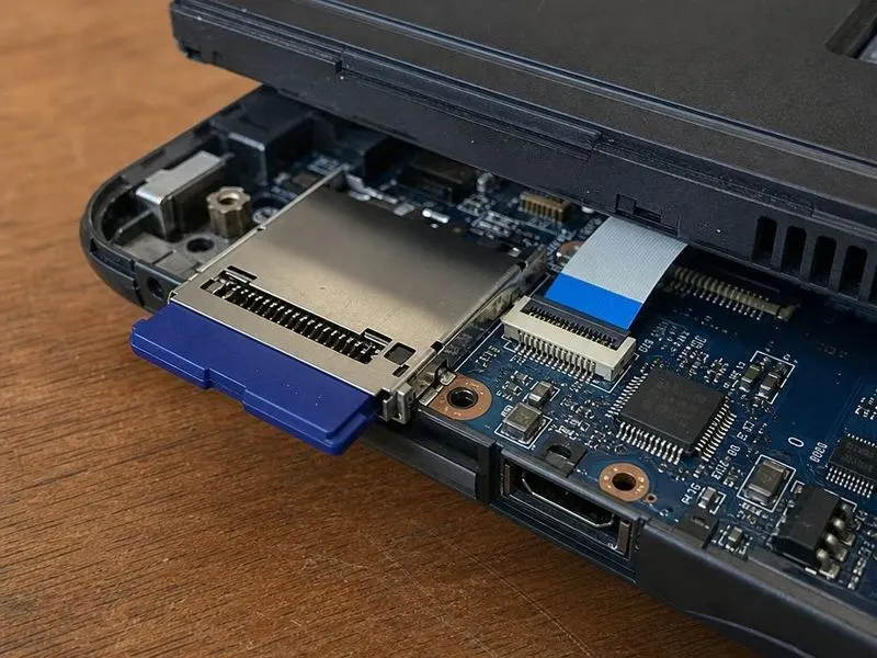 Real hardware teardown of laptop SD card reader disassembled in its side chassis with metal SD slot cage, spring contacts, reader controller IC, flat host-interface cable, SD card partially inserted