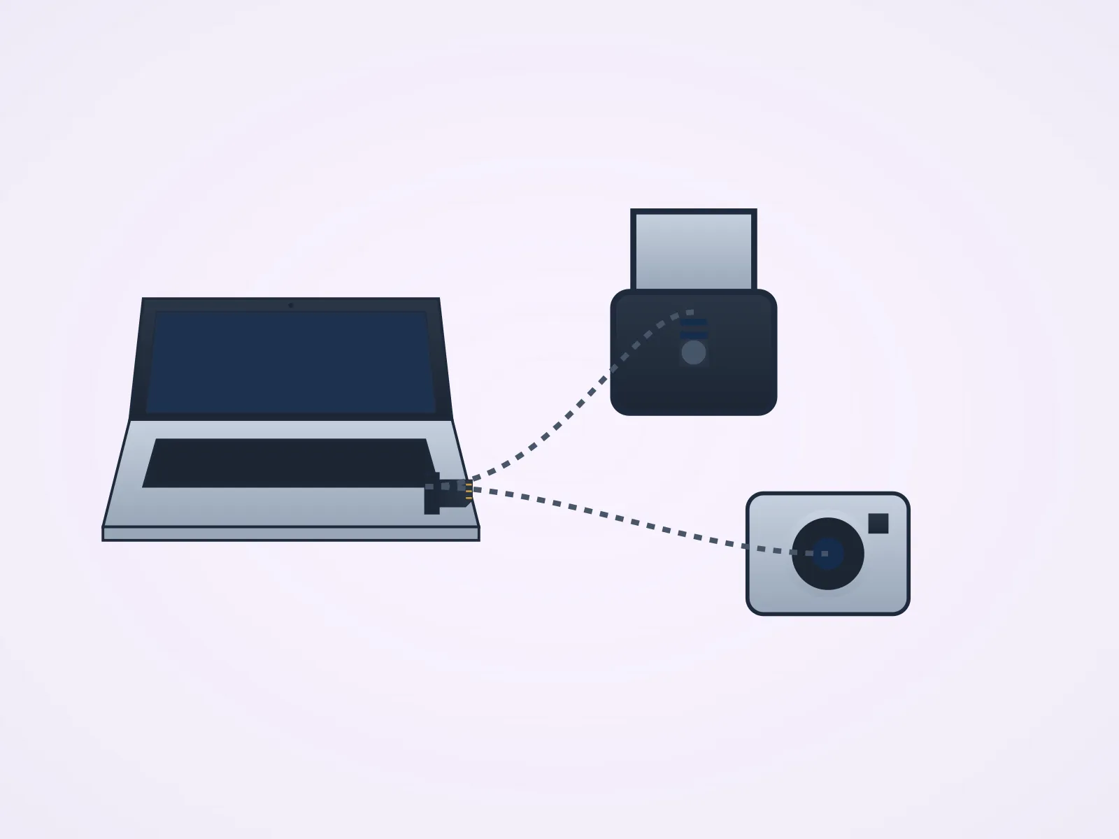 laptop SD slot with a card half-inserted connected to USB multi-card reader with SD/microSD/CF slots, camera beside it