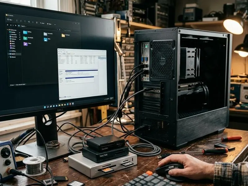 Working computer setup showing card reader stack with file browser, storage stack, card reader driver, controller, memory card