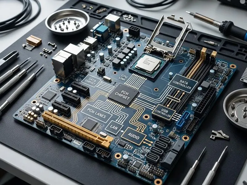 Real hardware teardown of chipset block diagram over the board with CPU link, PCIe lanes, SATA controller, USB controller, audio, LAN