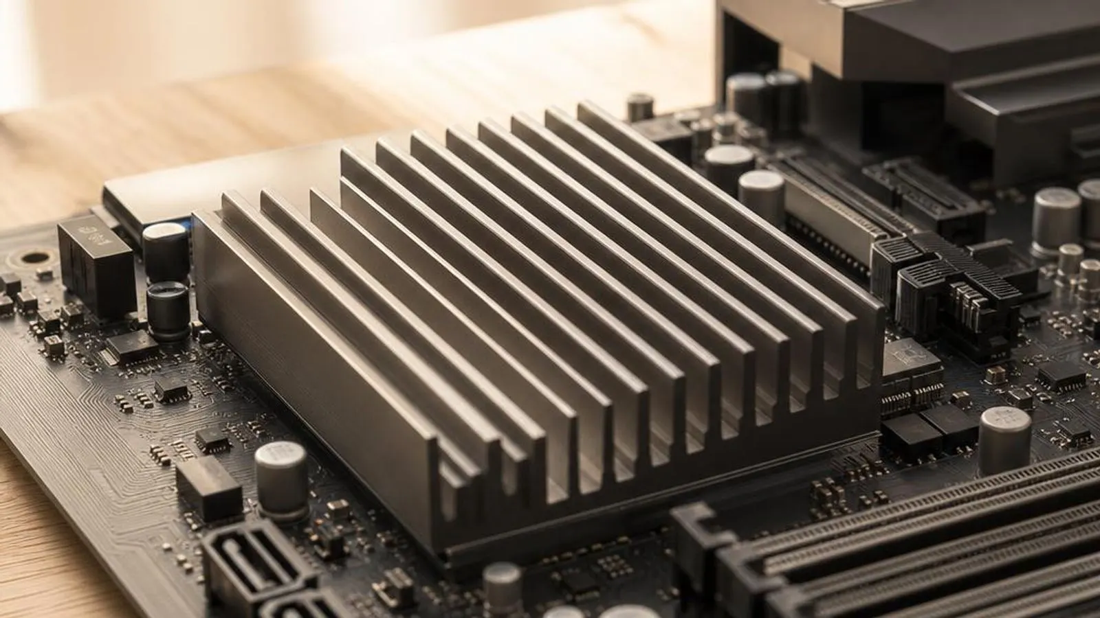 motherboard chipset area shown with low heatsink over the chipset die, PCIe traces radiating outward