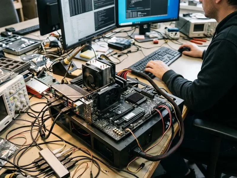 Working computer setup showing chipset stack with OS, chipset driver, platform controller hub, downstream buses