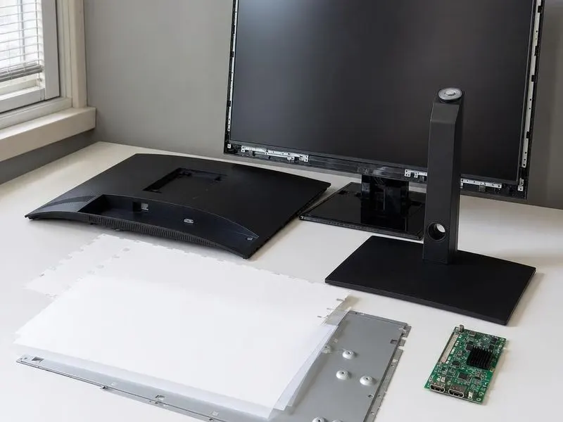 Real hardware teardown of recognisable desktop monitor disassembled on a repair bench with monitor stand and bezel, LCD panel, backlight layers, small scaler board, HDMI and DisplayPort inputs