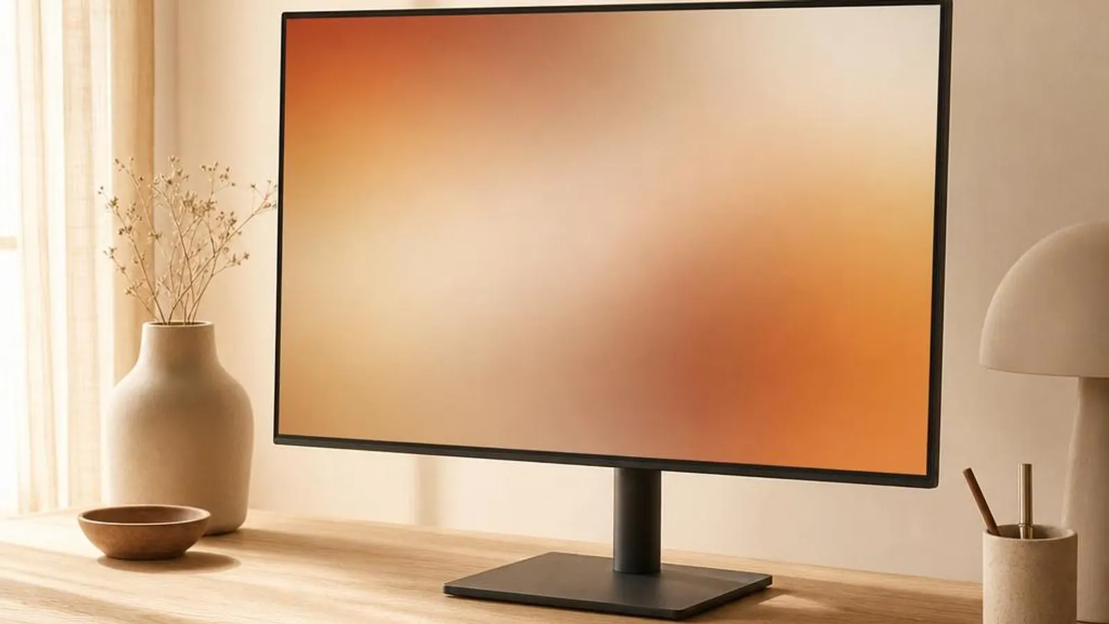 monitor on a stand, three-quarter view shown with thin bezel, on-screen colour gradient