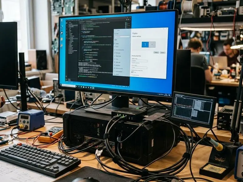 Working computer setup showing display stack with OS display settings, display driver, EDID handshake, monitor panel