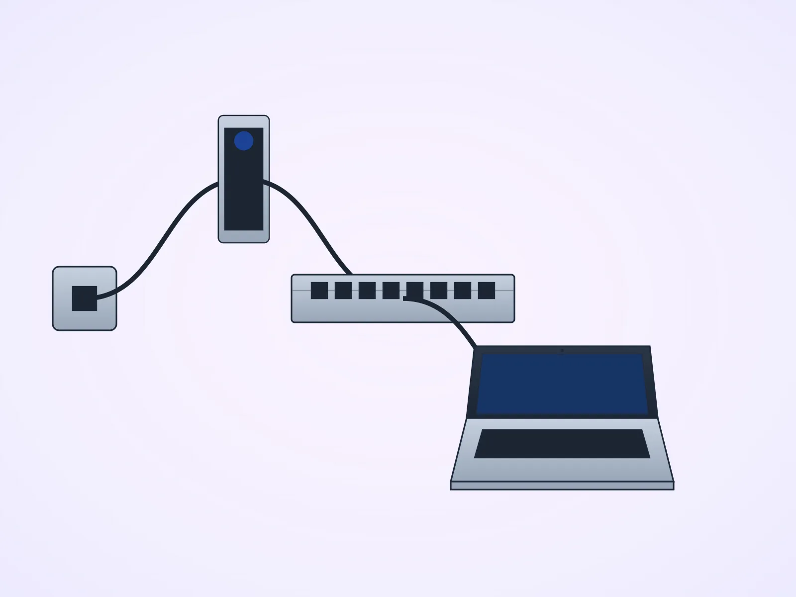 wall jack and patch cable connected to desktop LAN port with link LEDs, 8-port switch with cables fanned out, laptop USB-C dongle