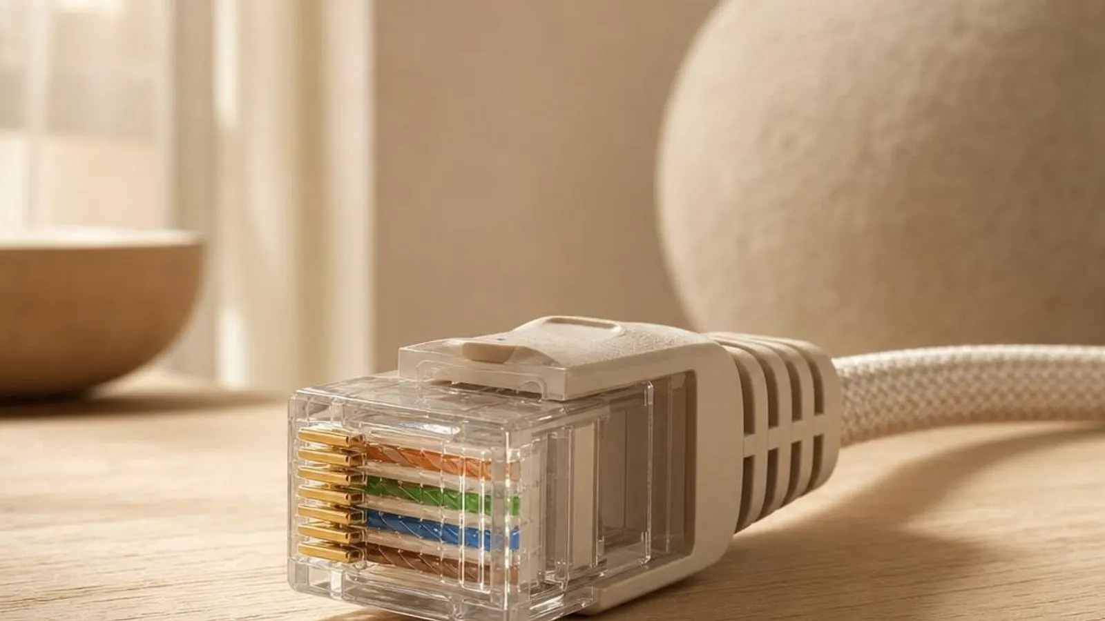 RJ45 connector on a Cat6 cable shown with latch tab, eight gold contacts clearly visible, cable curving away