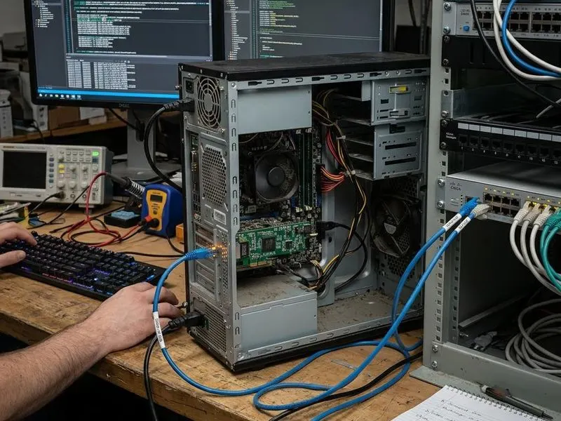 Working computer setup showing Ethernet stack with app, TCP/IP stack, Ethernet driver, MAC/PHY, switch