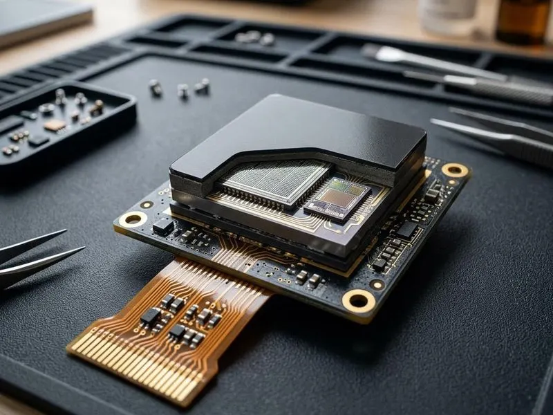 Real hardware teardown of sensor cutaway with capacitive sensing array, secure element, coating layer, flex connector