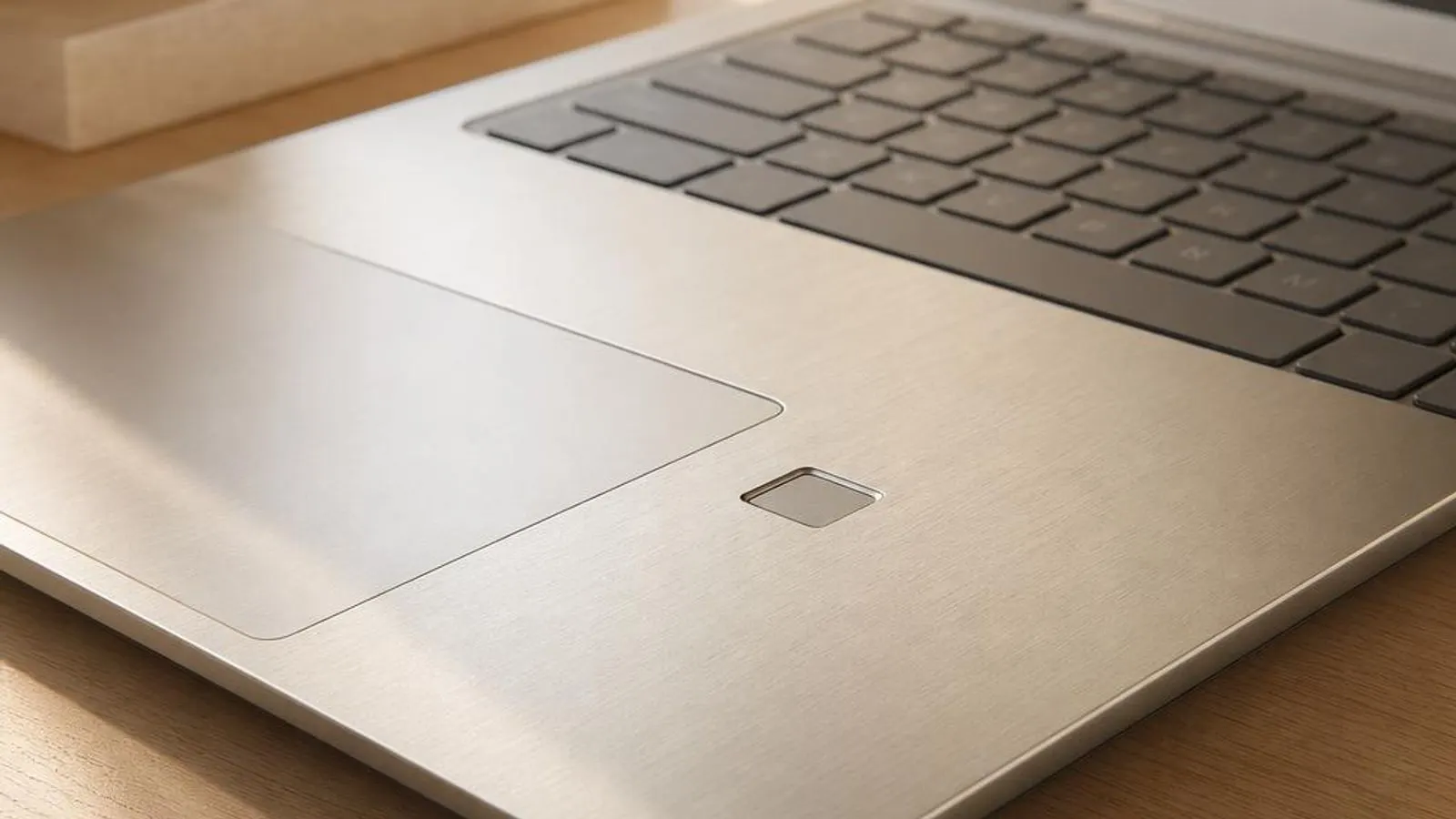 laptop power button with an integrated fingerprint sensor shown with fingertip approaching, ridge pattern faintly visible