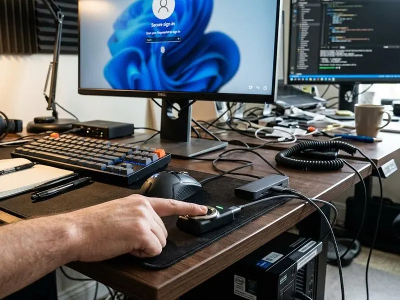 Working computer setup showing fingerprint stack with sign-in prompt, biometric framework, fingerprint driver, sensor, match