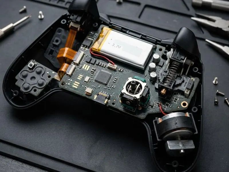 Real hardware teardown of gamepad cutaway with analogue stick potentiometer, trigger sensor, rumble motor, MCU, battery