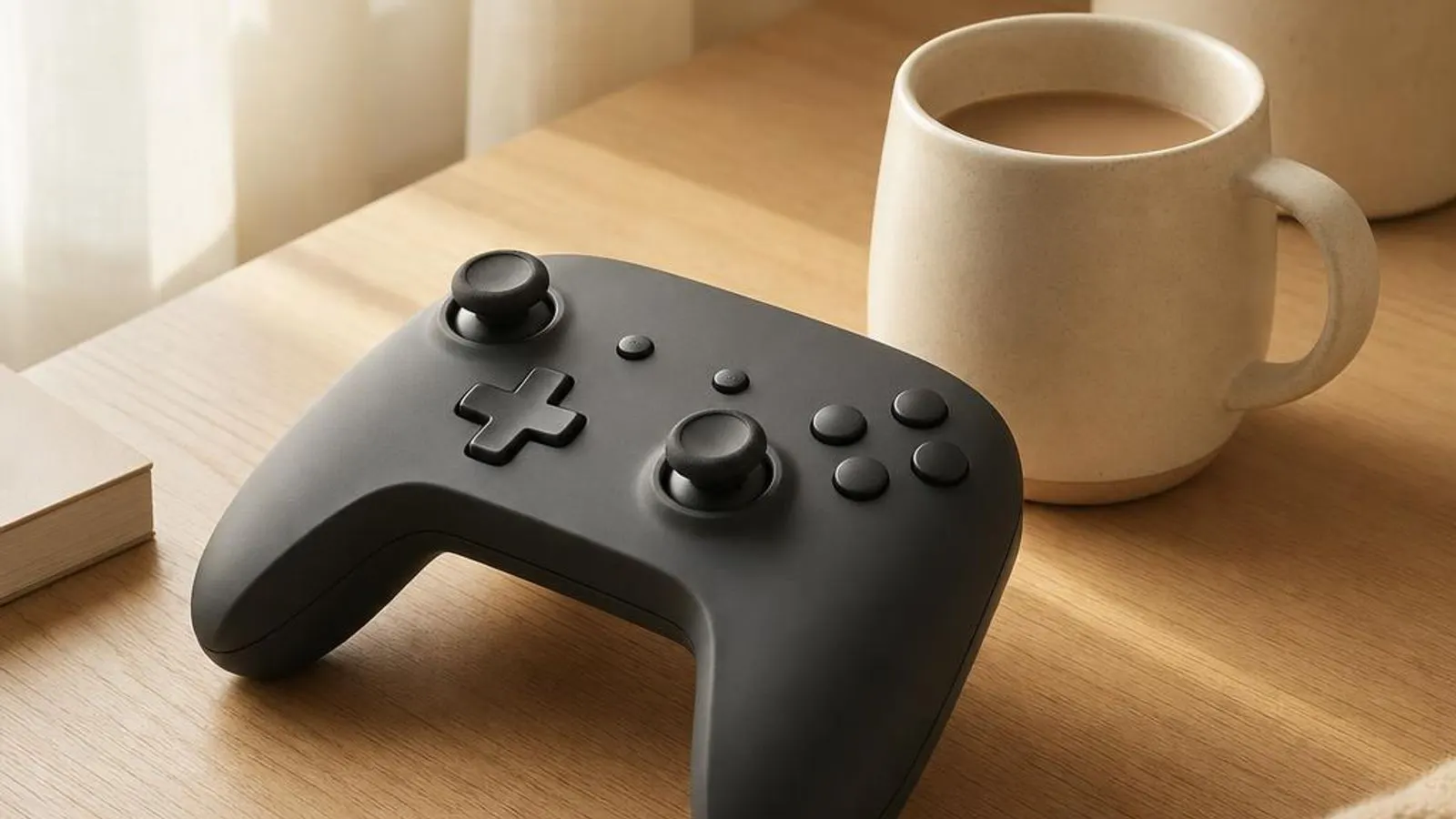 generic gamepad, three-quarter view shown with twin sticks, d-pad, four face buttons, shoulder triggers