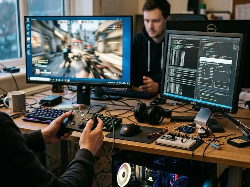 Working computer setup showing controller stack with game, input API, controller driver, HID reports, gamepad