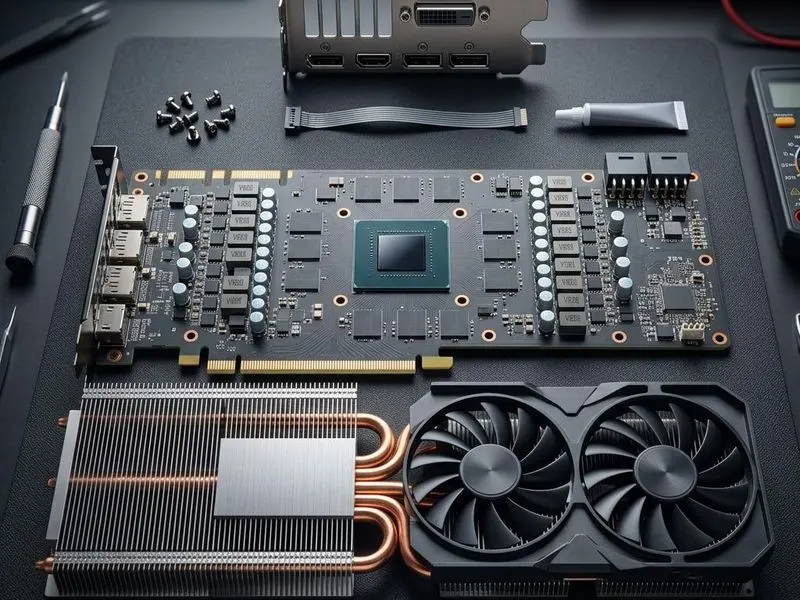 Real hardware teardown of exploded graphics card with GPU die, VRAM modules, VRM stage, heatpipes, fan assembly, output bracket