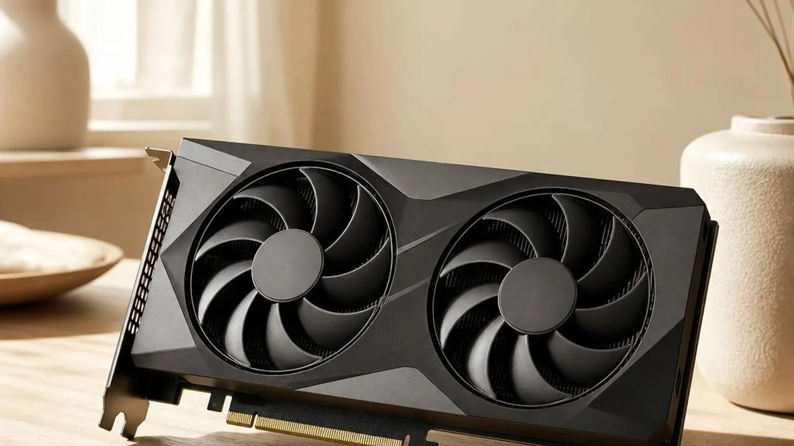 dual-fan graphics card, three-quarter view shown with PCIe edge connector, backplate, 8-pin power socket