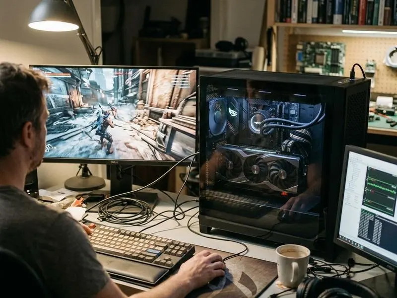 Working computer setup showing graphics stack with game/creative app, graphics API, display driver, GPU, monitor