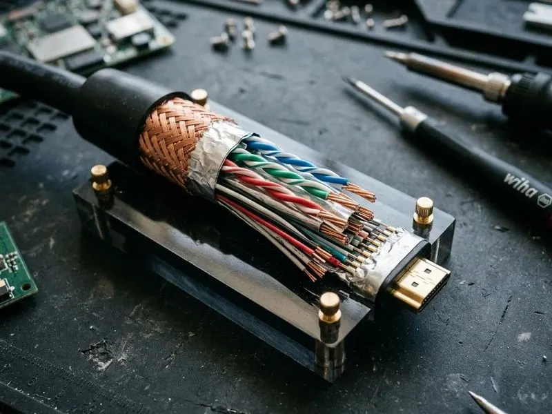 Real hardware teardown of cable cutaway with TMDS pairs, audio channel, HPD pin