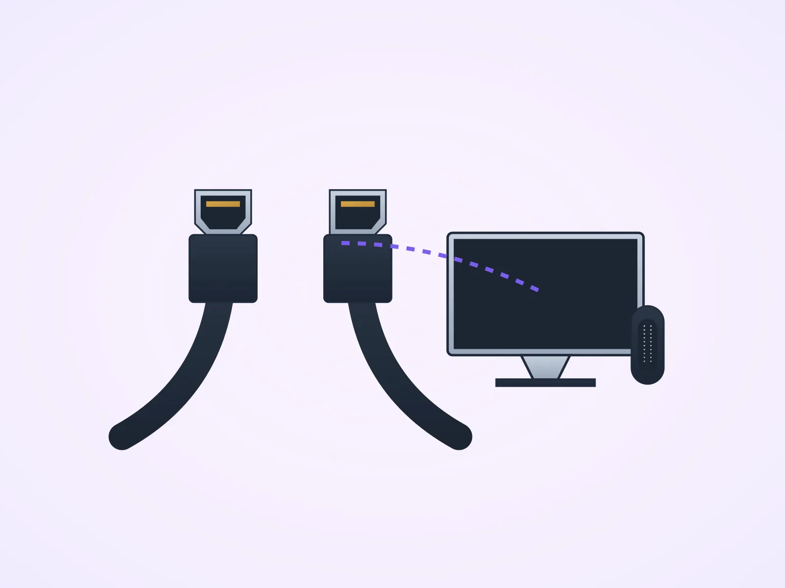 PC AV setup connected to HDMI cable, TV with a soundbar beneath, second path to a monitor with built-in speakers, audio waves indicated