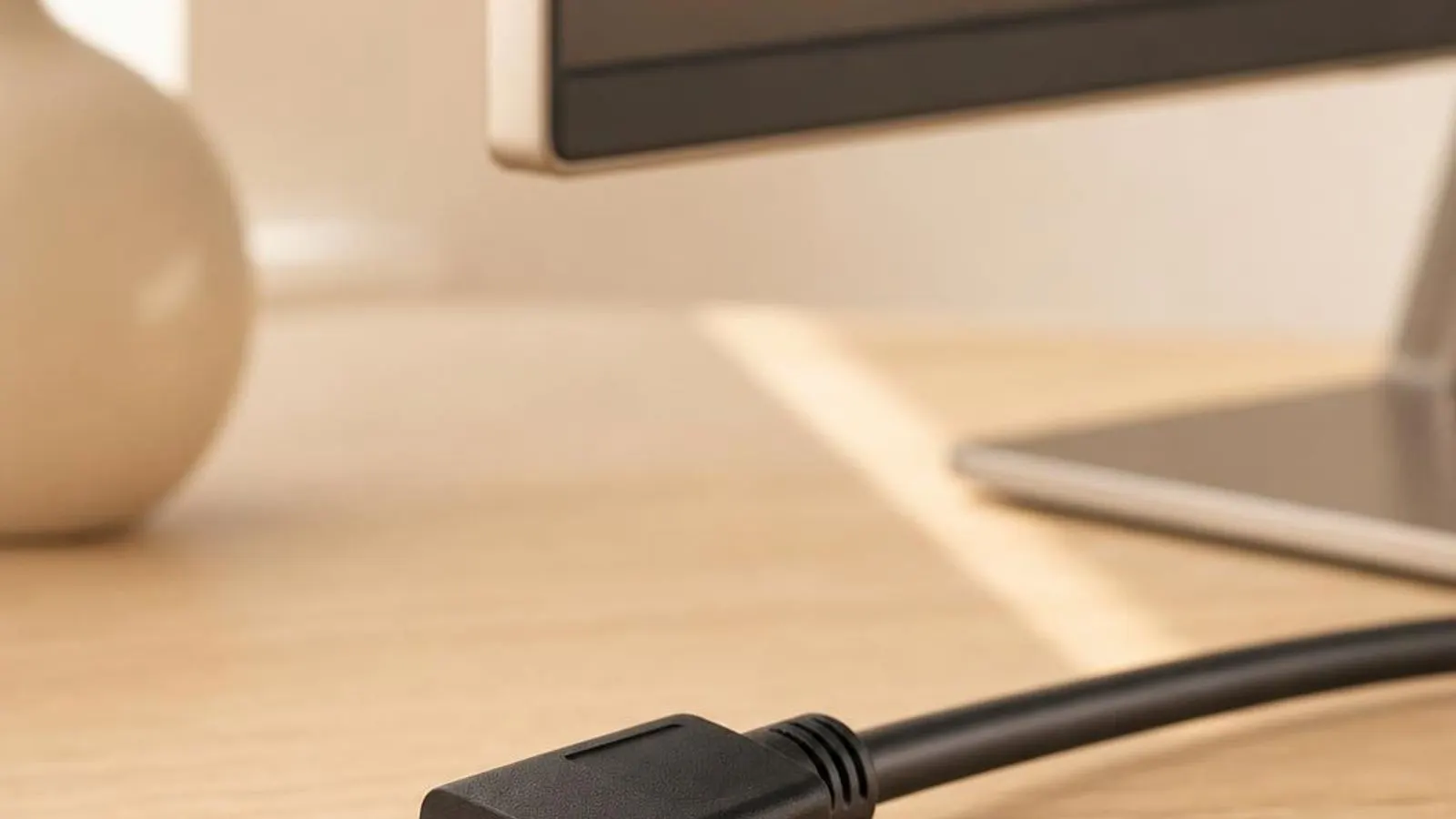 HDMI and DisplayPort connectors side by side shown with cables curving away, pins visible