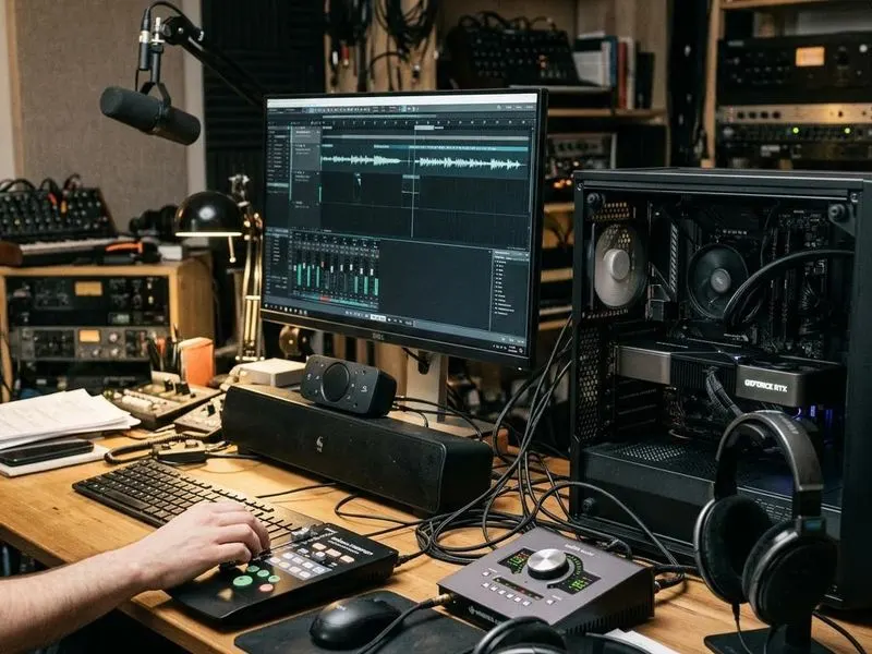 Working computer setup showing display audio stack with app audio, OS audio graph, display-audio driver, GPU audio block, display/soundbar
