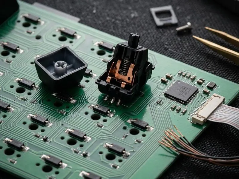 Real hardware teardown of switch and matrix cutaway with keycap, stem, switch, PCB matrix trace, microcontroller