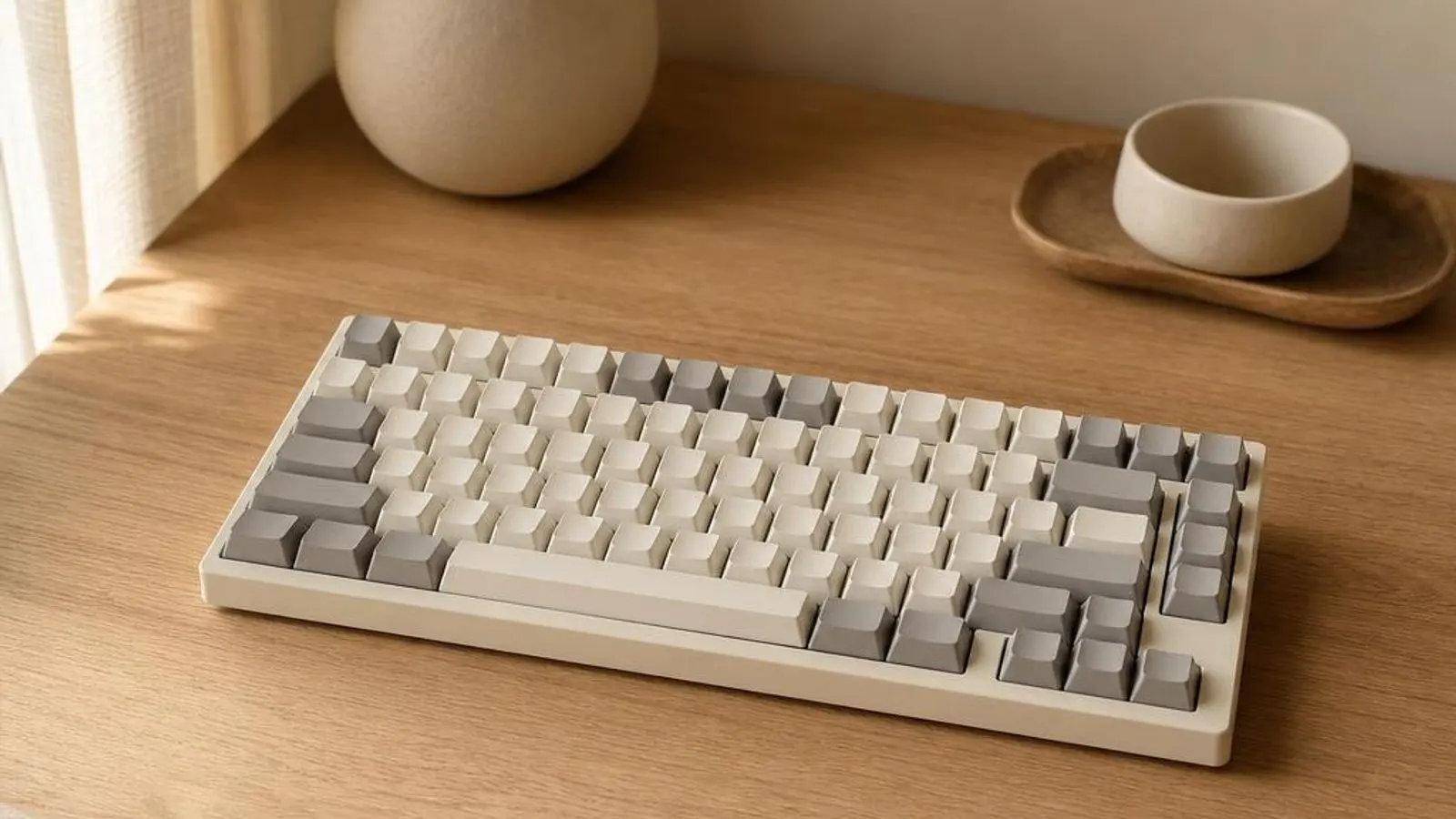 mechanical keyboard at three-quarter angle shown with a few keycaps removed to show switches