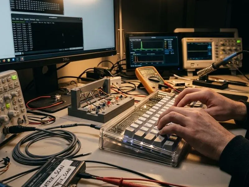 Working computer setup showing keyboard stack with text field, HID stack, keyboard driver, matrix scan, keypress