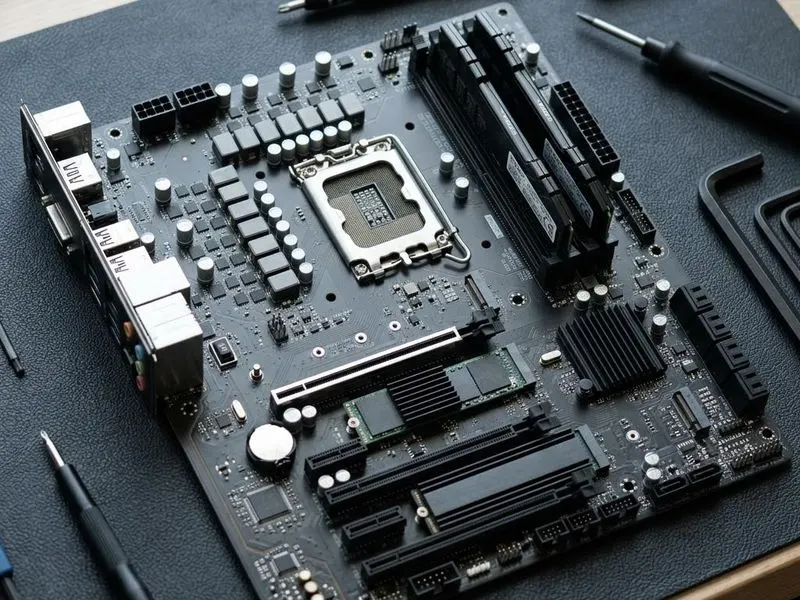 Real hardware teardown of labelled board map with socket, VRM, DIMM slots, PCIe slots, M.2, SATA, chipset, rear I/O, headers