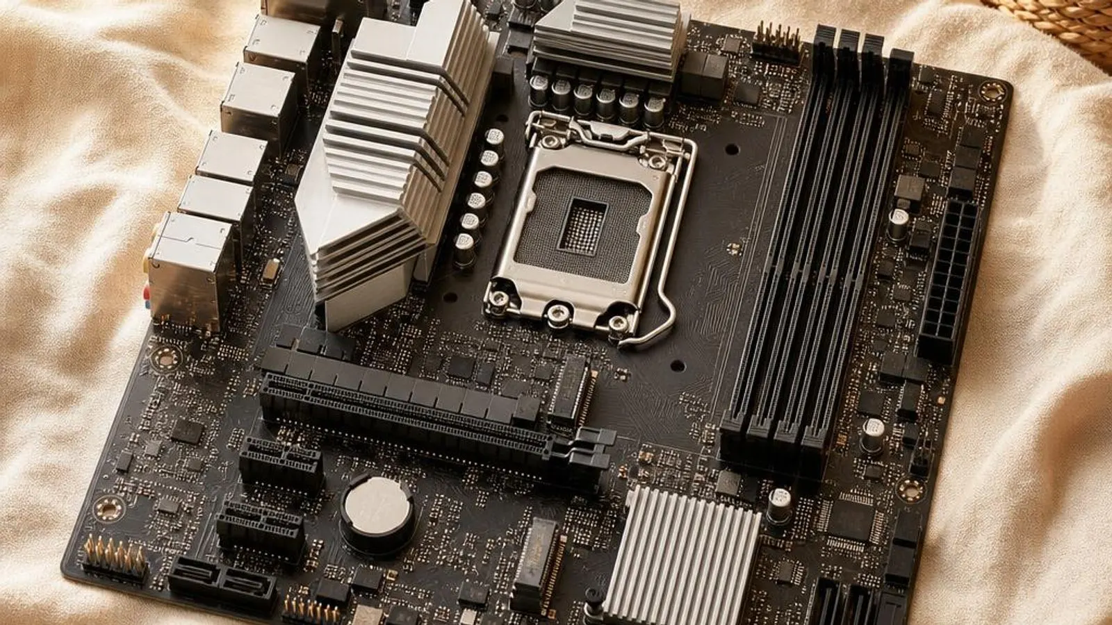 full ATX motherboard top-down, slightly tilted shown with socket, DIMM slots, PCIe slots, heatsinks