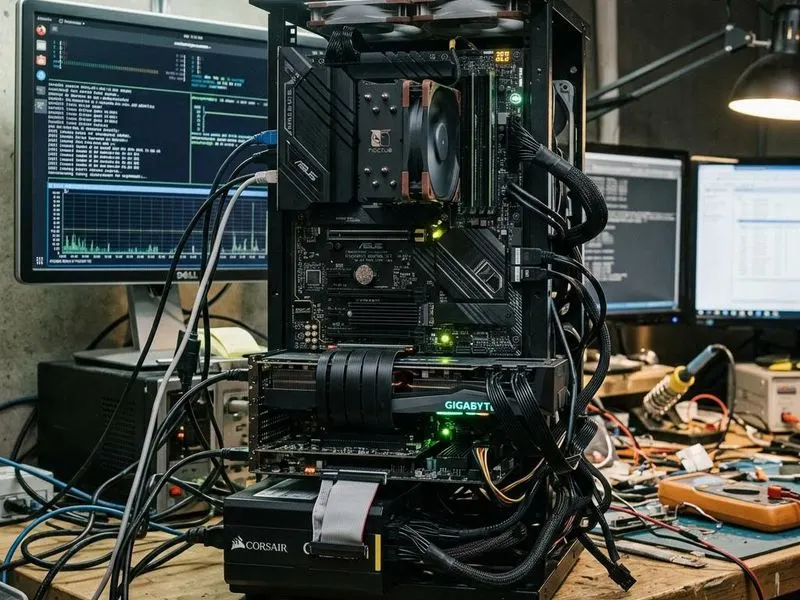 Working computer setup showing motherboard stack with OS, chipset + platform drivers, onboard controllers, devices