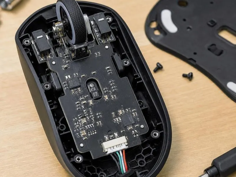 Real hardware teardown of upside-down computer mouse with its bottom shell removed with downward-facing optical sensor and lens, PTFE feet around the base, scroll-wheel encoder, button switches, mouse controller board