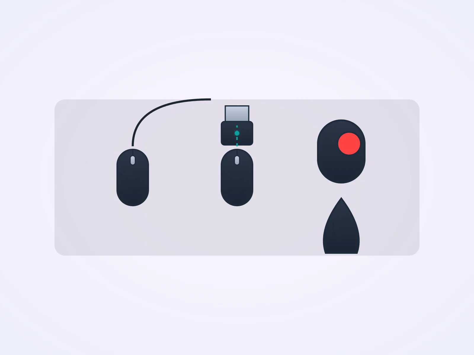 desk mat with mice connected to wired mouse, wireless mouse with its dongle, trackball, vertical mouse