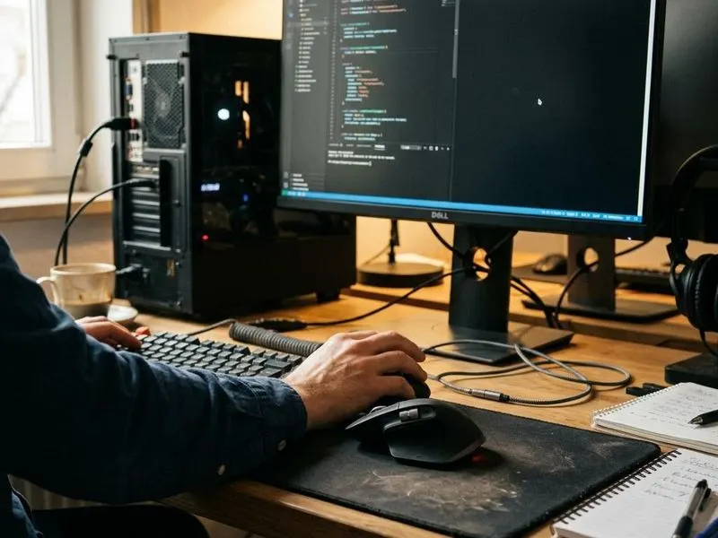 Working computer setup showing mouse stack with cursor/app, HID stack, mouse driver, sensor, movement