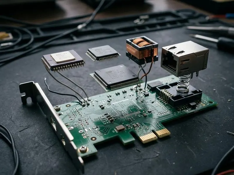 Real hardware teardown of NIC exploded with MAC controller, PHY, magnetics/transformer, RJ45 jack