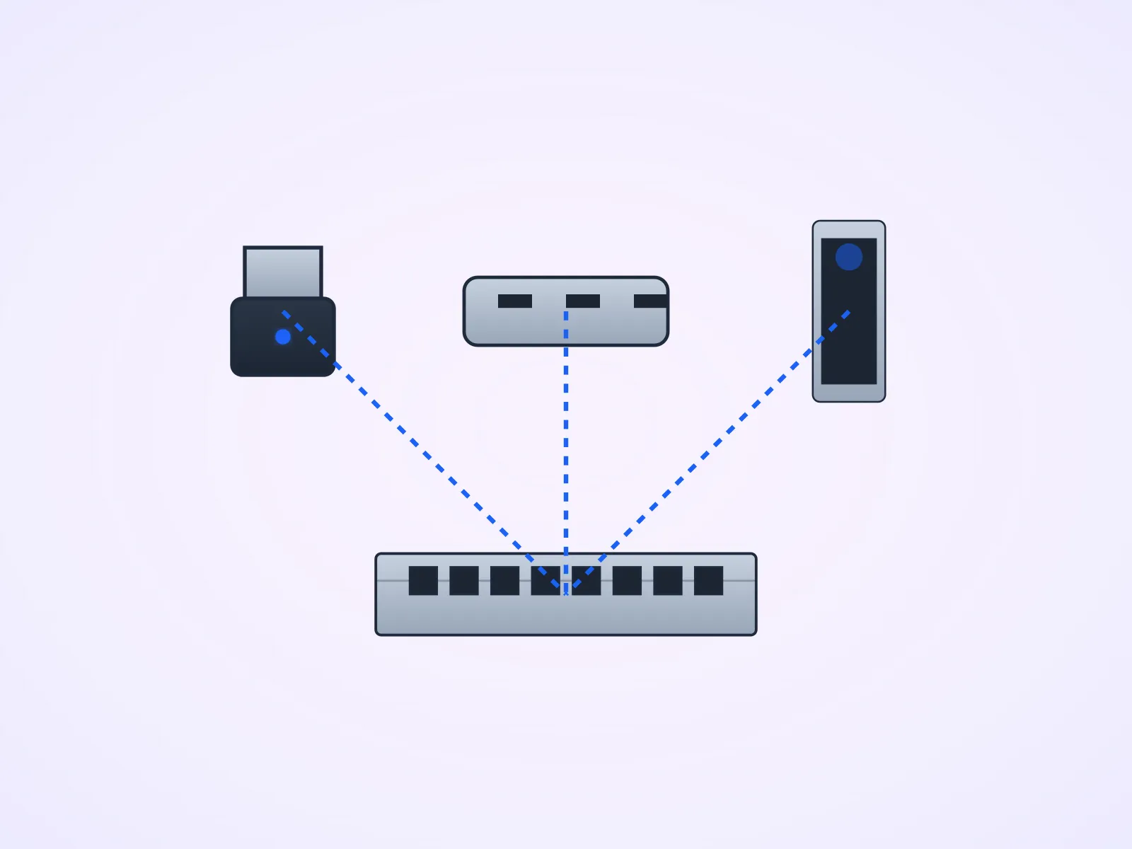 USB-to-Ethernet dongle, a USB-C hub with an Ethernet tail, and a PCIe NIC connected to small switch, pathing connections