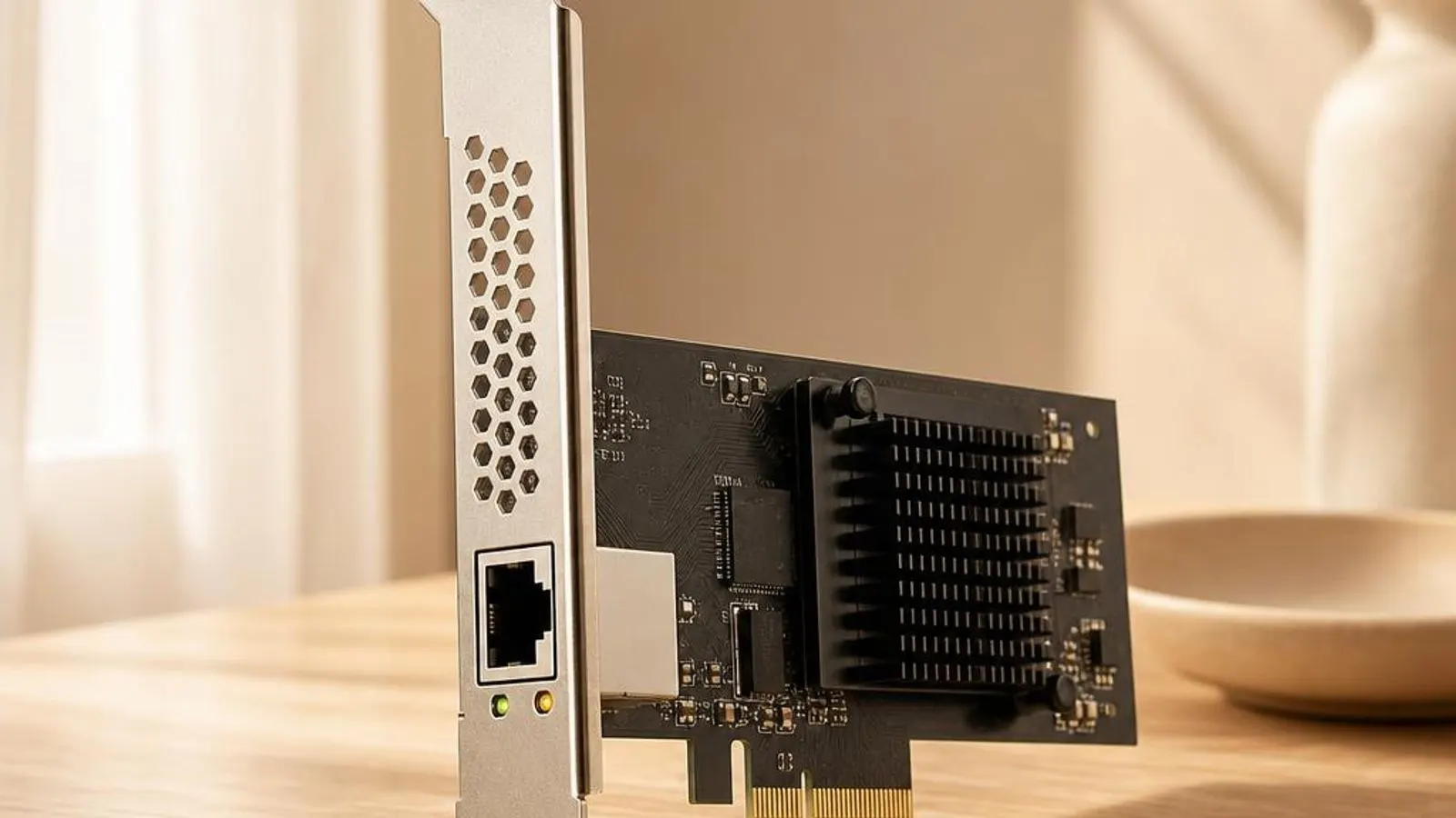PCIe network interface card with a single RJ45 port and link LEDs shown with