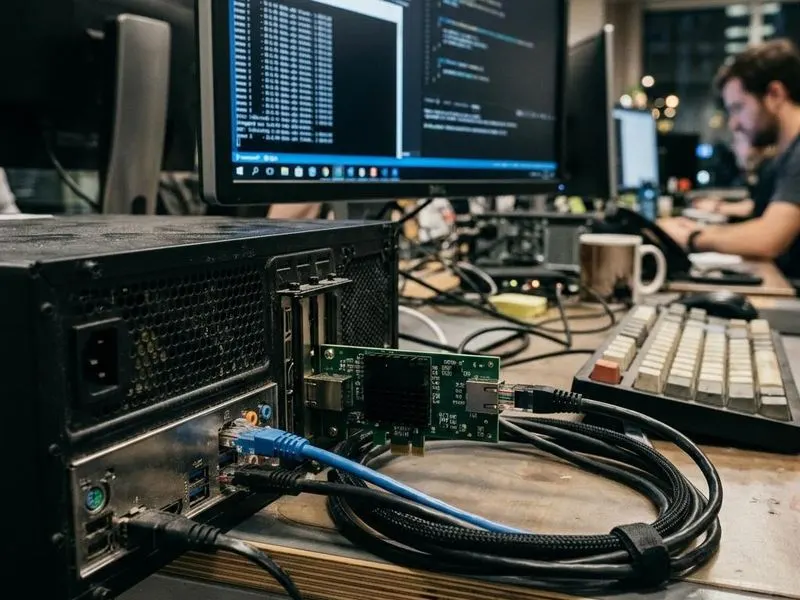 Working computer setup showing NIC stack with app, TCP/IP stack, NIC driver, MAC/PHY, cable