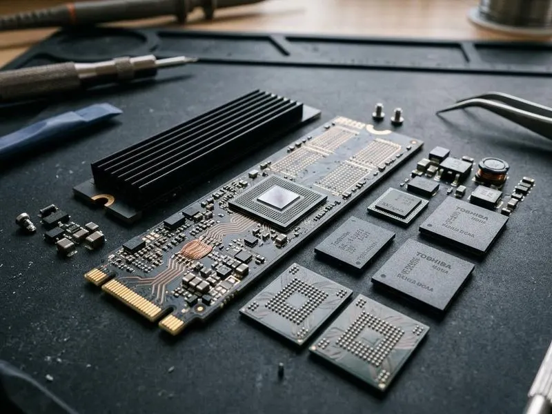 Real hardware teardown of SSD exploded with controller, DRAM cache, NAND packages, power circuitry, edge connector