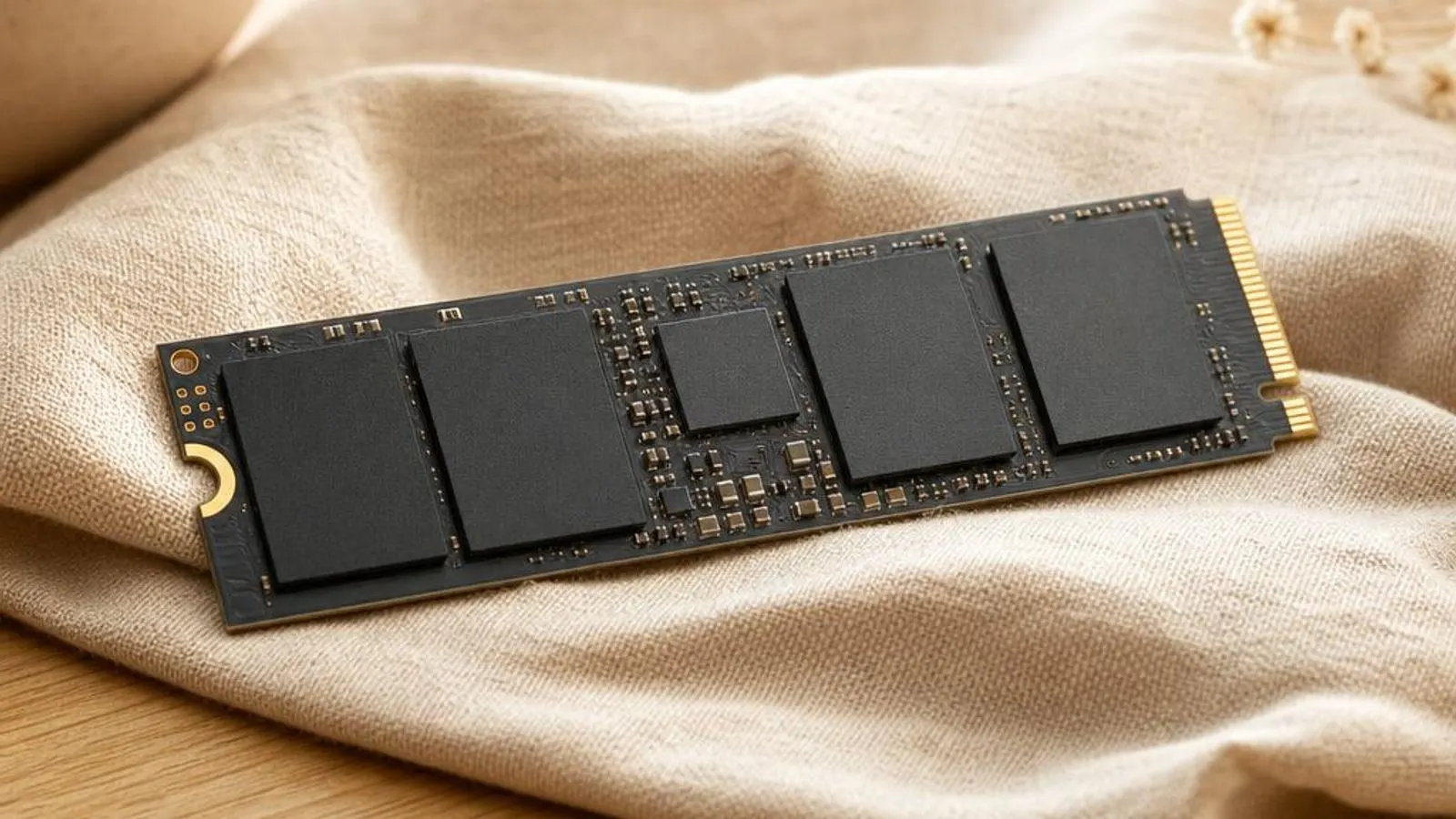 M.2 2280 NVMe SSD held at an angle shown with NAND packages and controller visible, gold edge fingers