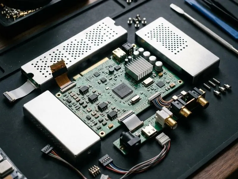 Real hardware teardown of card exploded with op-amps, DAC chip, shielding, headers