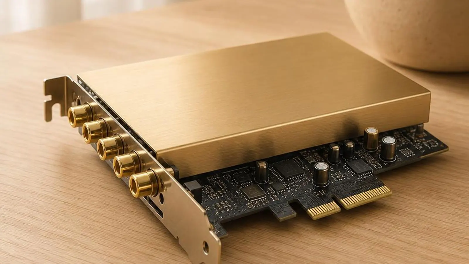 PCIe sound card shown with gold RCA and 3.5mm outputs, shielded op-amp section